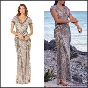 LARA  Beaded V  Neck Neckline Dress Gown Cap Sleeves